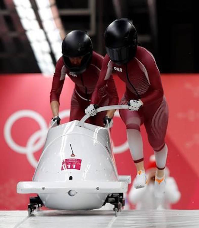 Driver Nadezhda Sergeeva and Anastasia Kocherzhova of the Olympic Athletes of Russia start their first heat during the women’s two-man bobsled competition at the 2018 Winter Olympics in Pyeongchang, South Korea, Tuesday, Feb. 20, 2018. (AP Photo/Andy Wong)
