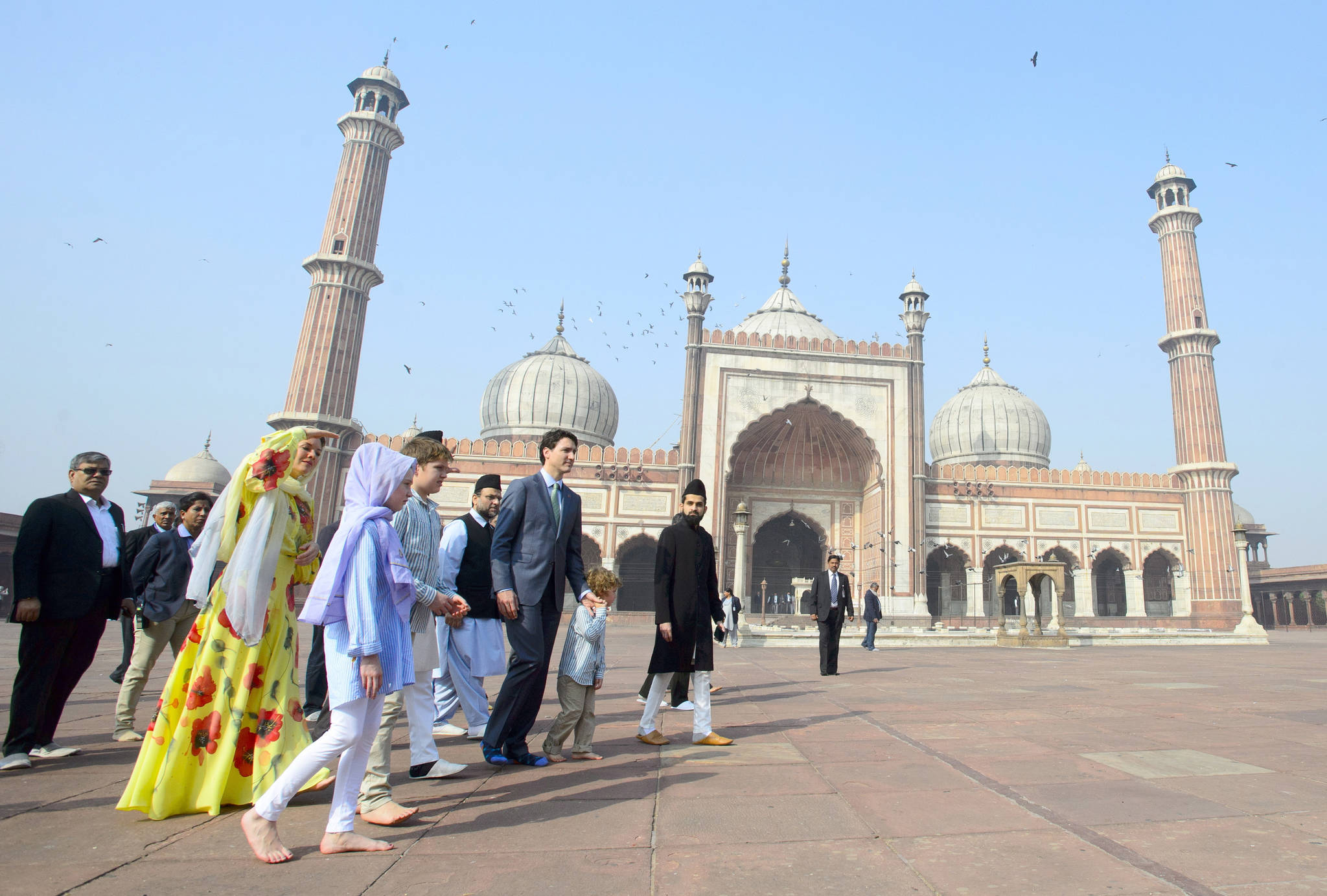 Canadian Prime Minister Justin Trudeau and wife Sophie Gregoire Trudeau, and children, Xavier, 10, Ella-Grace, 9, and Hadrien, 3, visit the Jama Masjid mosque in New Delhi, India, Thursday, Feb. 22. (Sean Kilpatrick/The Canadian Press)