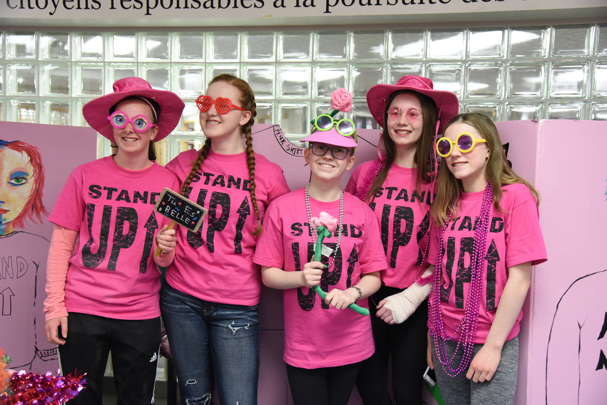 PRETTY IN PINK - Grade 8 students Ella Damberge, Nevaeh Stevenson, Taylor Hill, Grace Bernier and Sophie Schmidt take part in Pink Shirt Day at Central Middle School. Michelle Falk/Red Deer Express