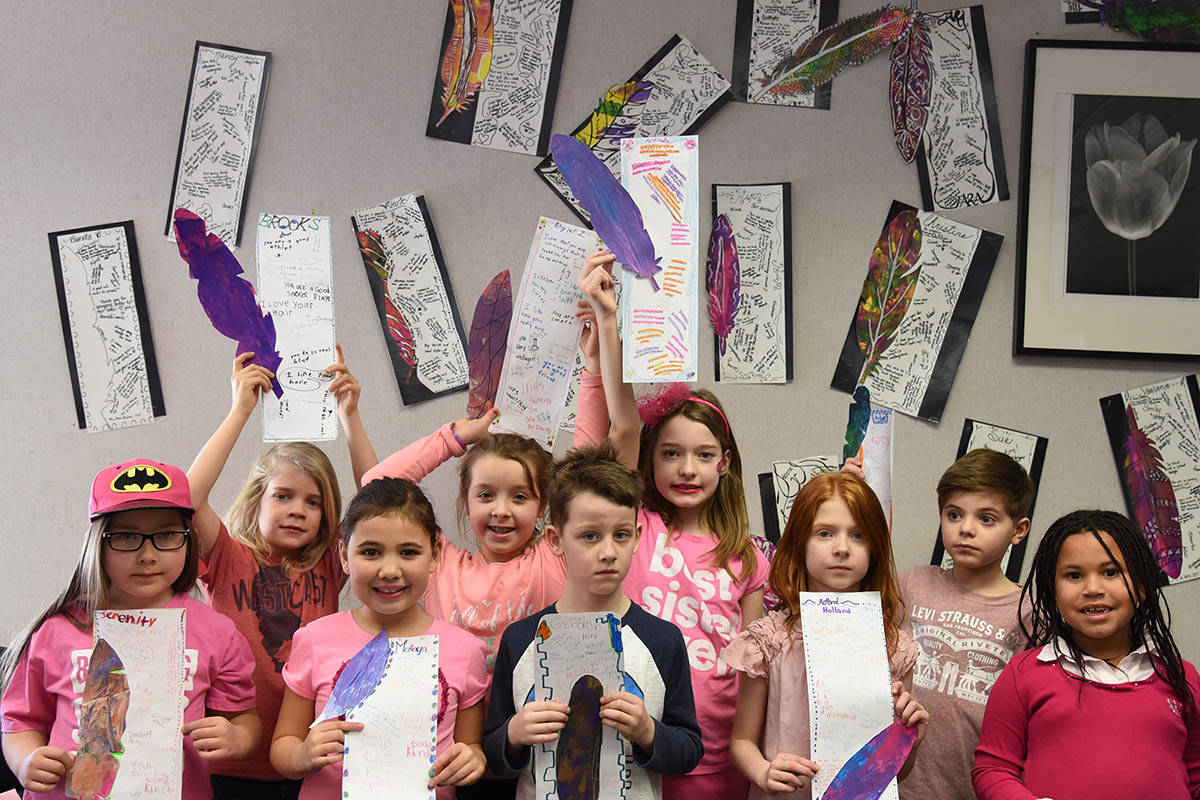 PINK SHIRT DAY - Serenity Lynch, 7, Brooks Newfield, 7, Mataya Castro, 7, Skylar Zager, 10, Gorden Bennett,8, Ava Barrett, 10, Holland Scheyen, 7, Asher Gregory, 7 and Sophia Langevin, 6, take part in Pink Shirt at St. Martin de Porres School Day. Michelle Falk/Red Deer Express