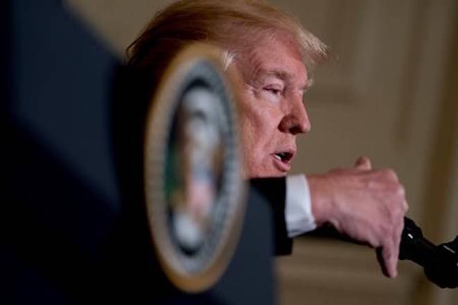 President Donald Trump speaks during a news conference with Swedish Prime Minister Stefan Lofven in the East Room at the White House, Tuesday, March 6, 2018, in Washington. (AP Photo/Andrew Harnik)