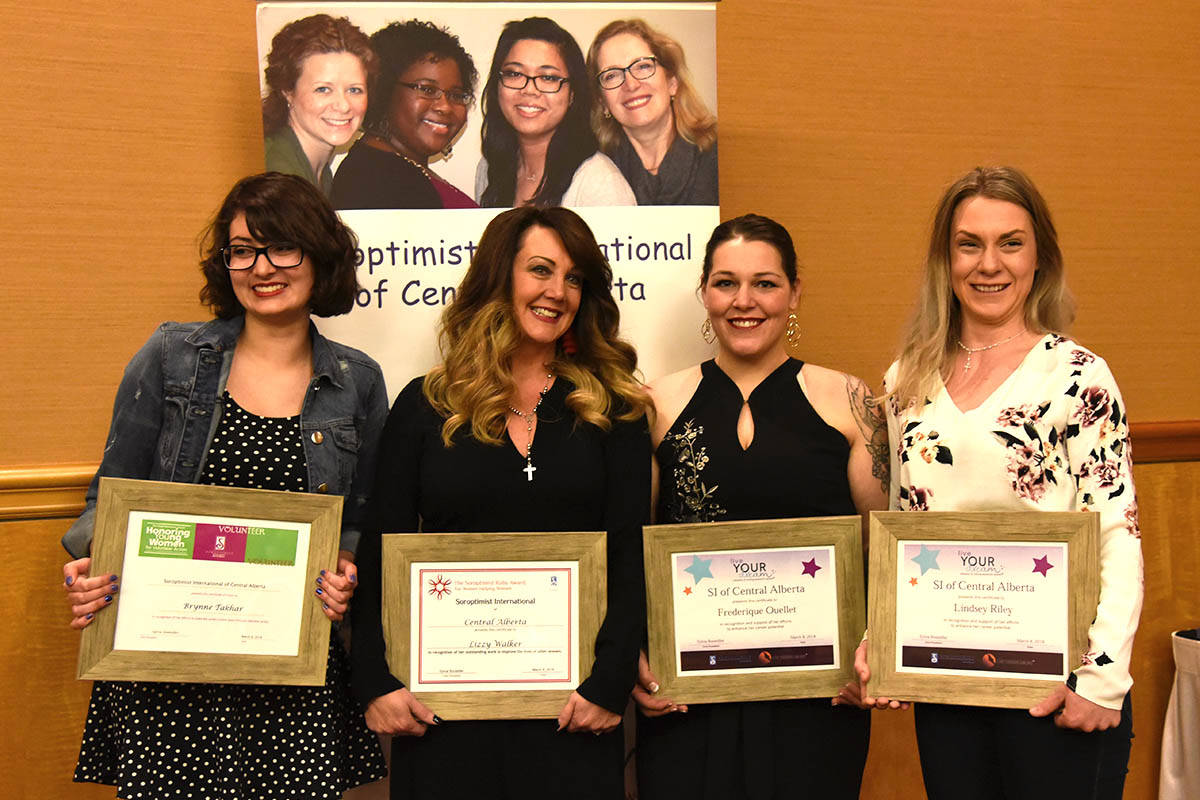 AWARD WINNERS - Soroptimist International Central Alberta Award recipients. From left, Brynne Takhar, winner of the Violet Richardson Award; Lizzy Walker, winner of the Ruby Award; Lindsey Riley, first place winner of the Live your Dream Award and Frederique Ouellet, second place winner of the Live your Dream Award. Michelle Falk/Red Deer Express