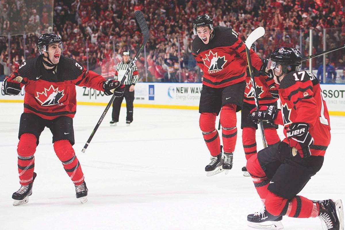 Canada forward Tyler Steenbergen (17) celebrates his game winning goal against Sweden during third period gold medal final IIHF World Junior Championships hockey action in Buffalo, N.Y., on Friday, January 5, 2018. THE CANADIAN PRESS/Nathan Denette