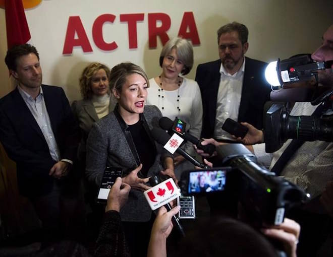 Heritage Minister Melanie Joly addresses the media after two meetings to discuss harassment in the film, TV and theatre worlds in Toronto on January 17, 2018. A group of Canadian entertainment organizations has drafted a new collective code of conduct in response to sexual misconduct allegations flooding the industry. The groups say the Canadian Creative Industries Code of Conduct is intended “to help prevent and respond to harassment including sexual harassment, discrimination, bullying and violence.” THE CANADIAN PRESS/Nathan Denette