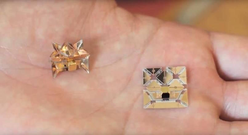 Erik Demaine, a 37-year-old MIT computer science professor, thinks the technology behind his self-folding printable robots could one day evolve into downloadable smartphones, biomedical devices that deliver cancer-killing drugs, and even gadgets that could take on any form. An origami robot is seen to scale in a hand in an undated still image made from video footage. Handout/ THE CANADIAN PRESS