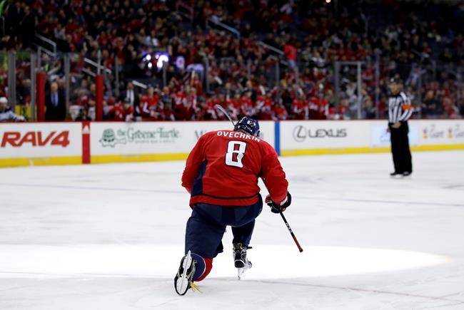 Washington Capitals left wing Alex Ovechkin (8) reaches to celebrate with right wing T.J. Oshie (77) after scoring in the first period against the Winnipeg Jets on Monday in Washington. (AP Photo/Alex Brandon)