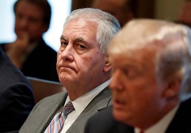 FILE - In this Jan. 10, 2018 file photo, Secretary of State Rex Tillerson listens as President Donald Trump speaks during a cabinet meeting at the White House in Washington. Tillerson is out as secretary of state. President Trump tweeted this morning that he‚Äôs naming CIA director Mike Pompeo to replace him. (AP Photo/Evan Vucci)