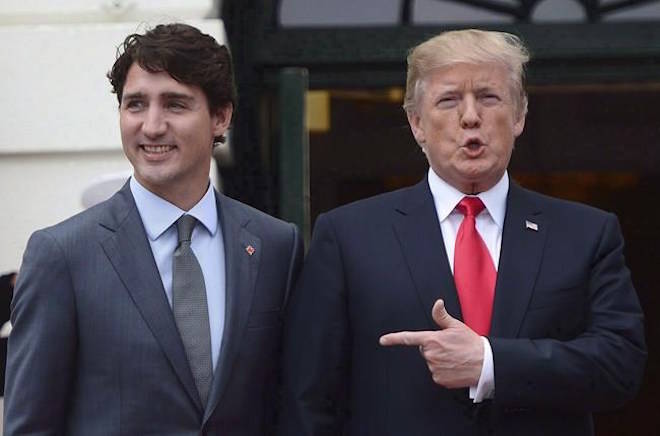 U.S. President Donald Trump, shown with Prime Minister Justin Trudeau at the White House last year, told a fundraiser that after Trudeau told him the U.S. does not have a trade deficit with Canada, he replied, “Wrong, Justin, you do.” The Canadian Press/Jonathan Ernst/Reuters
