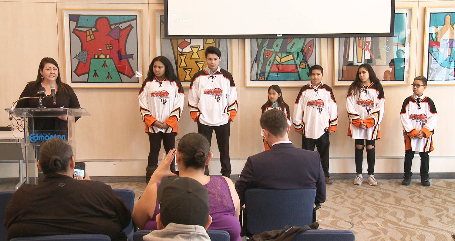 Priscilla Swampy-Dion, Treaty 6 representative and registrar for the Alberta Native Hockey Provincial Championships speaks during a press conference Wednesday in Edmonton about next the championships, which take place next month. Mayor Don Iveson also took some time to praise the tournament, now coming into its 25th anniversary. Photo submitted