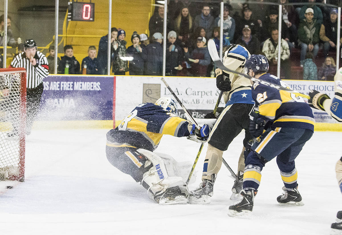 GENERALS WIN - Lacombe General Nolan Huysmans scored the first goal of the game on a rebound en route to a 7-2 General victory in Game 3 of Senior AAA Provincial Finals. Todd Colin Vaughan/Red Deer Express