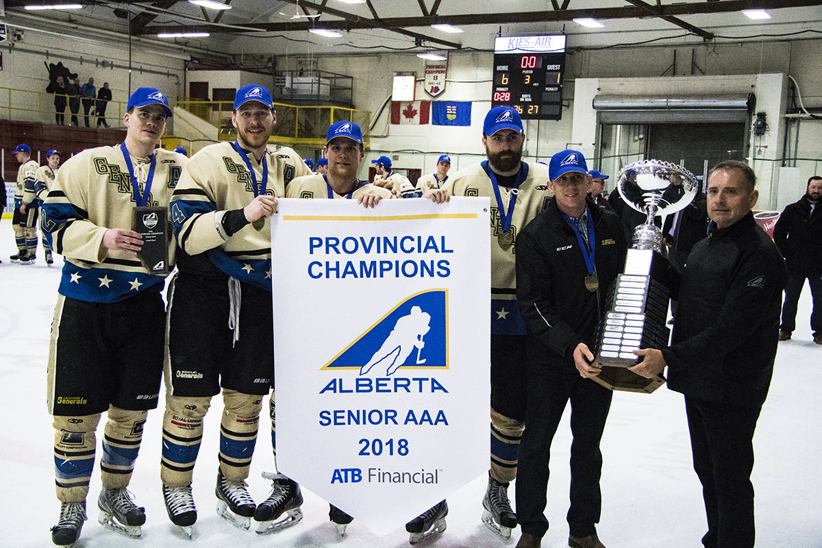 ALBERTA CHAMPS - The Lacombe Generals will be hopping onto a bus headed to Rosetown after they won the Alberta Senior ‘AAA’ Championship and wrote their ticket to the Allan Cup Finals. Todd Colin Vaughan/Red Deer Express