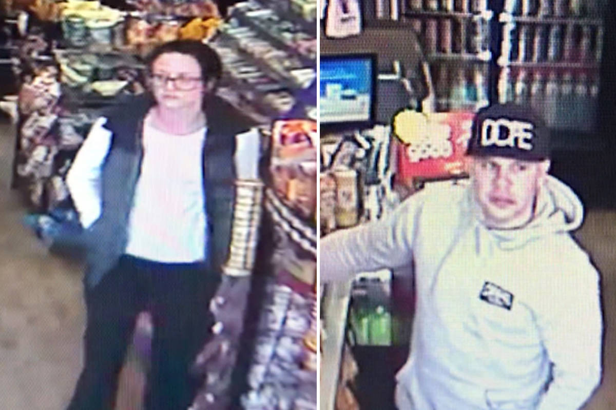 Ponoka RCMP hope to identify two Caucasian suspects who allegedly broke into a person’s home while they were inside. The incident occurred Tuesday in a rural Ponoka home. The provided images show the suspects using the victim’s credit card at the Crestomere Store.                                RCMP photos