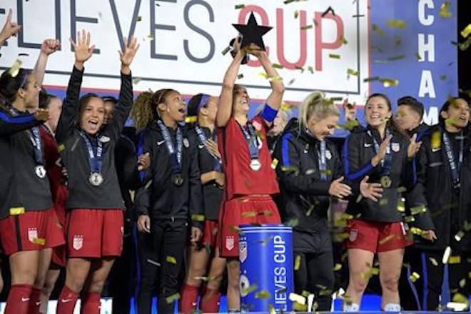 FILE - In this Wednesday, March 7, 2018 file photo, United States midfielder Carli Lloyd, center, lifts the championship trophy with teammates after defeating England 1-0, to win the SheBelieves Cup women’s soccer tournament in Orlando, Fla. The United States stays top of the FIFA women‚Äôs world rankings after winning the SheBelieves Cup, and England goes above Germany into second. The Americans went unbeaten through the four-team round-robin tournament it hosted this month. (AP Photo/Phelan M. Ebenhack, File)