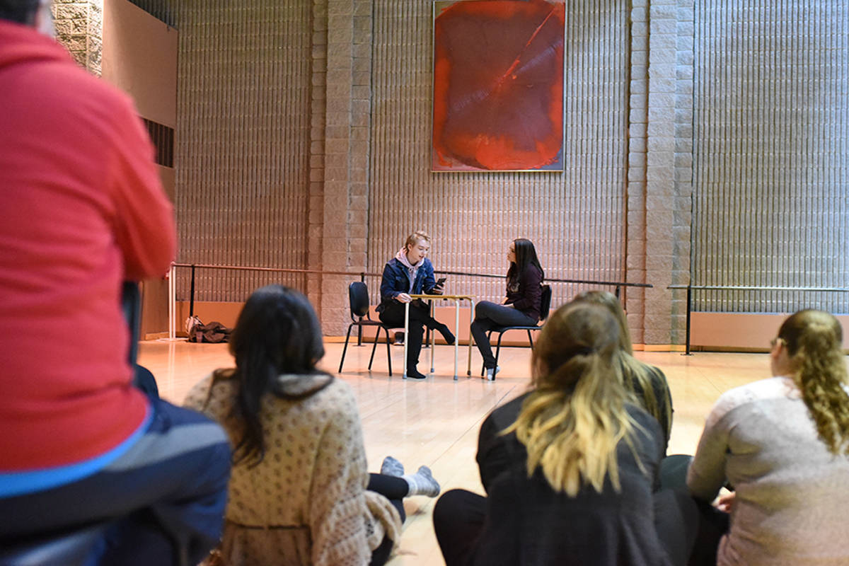 FUTURE COLLEGE STUDENTS - Prospective students watch as RDC theatre students perform their work in progress in a theatre class during Student for the Day tours at the College on March 23rd.                                Michelle Falk/Red Deer Express