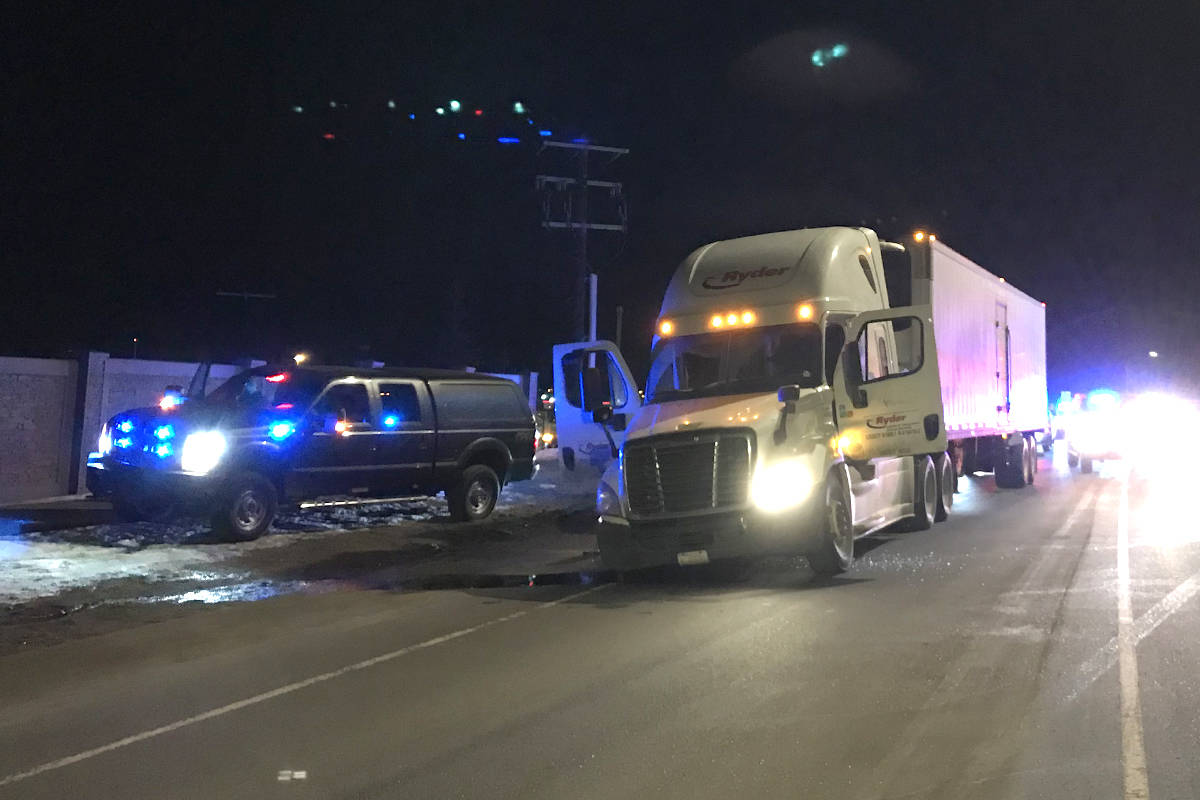 Tactical police units helped stop this stolen semi tractor Friday night. The several hour pursuit started in Red Deer before eventually ending in Airdrie. Police have the suspect in custody.                                RCMP photo