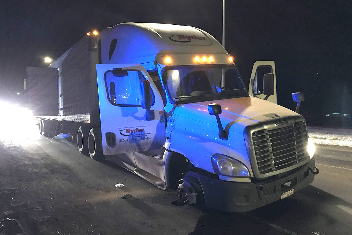 Tactical police units helped stop this stolen semi tractor Friday night. The several hour pursuit started in Red Deer before eventually ending in Airdrie. Police have the suspect in custody.                                RCMP photo