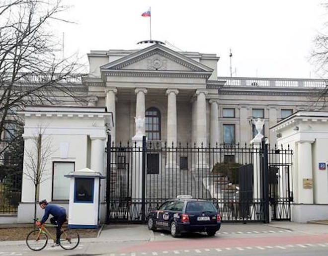 A taxi in front of the Russian Embassy in Warsaw, Poland, Monday, March 26, 2018.Russia’s Ambassador to Poland Sergei Andreev was summoned Monday to Poland’s Foreign Ministry and said he will stay in Warsaw in the coming weeks, but “we will see” about other embassy employees.(AP Photo/Czarek Sokolowski)