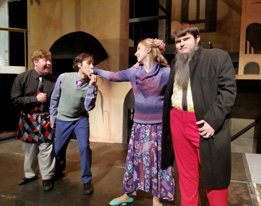 SEASON ENDER - Red Deer College performing arts students James Walker, Ben Garneau, Aimbree Lauren and Jared Baker are pictured here during a rehearsal for The School for Husbands/The School for Wives. The play opens April 5th in Studio A.                                photo submitted