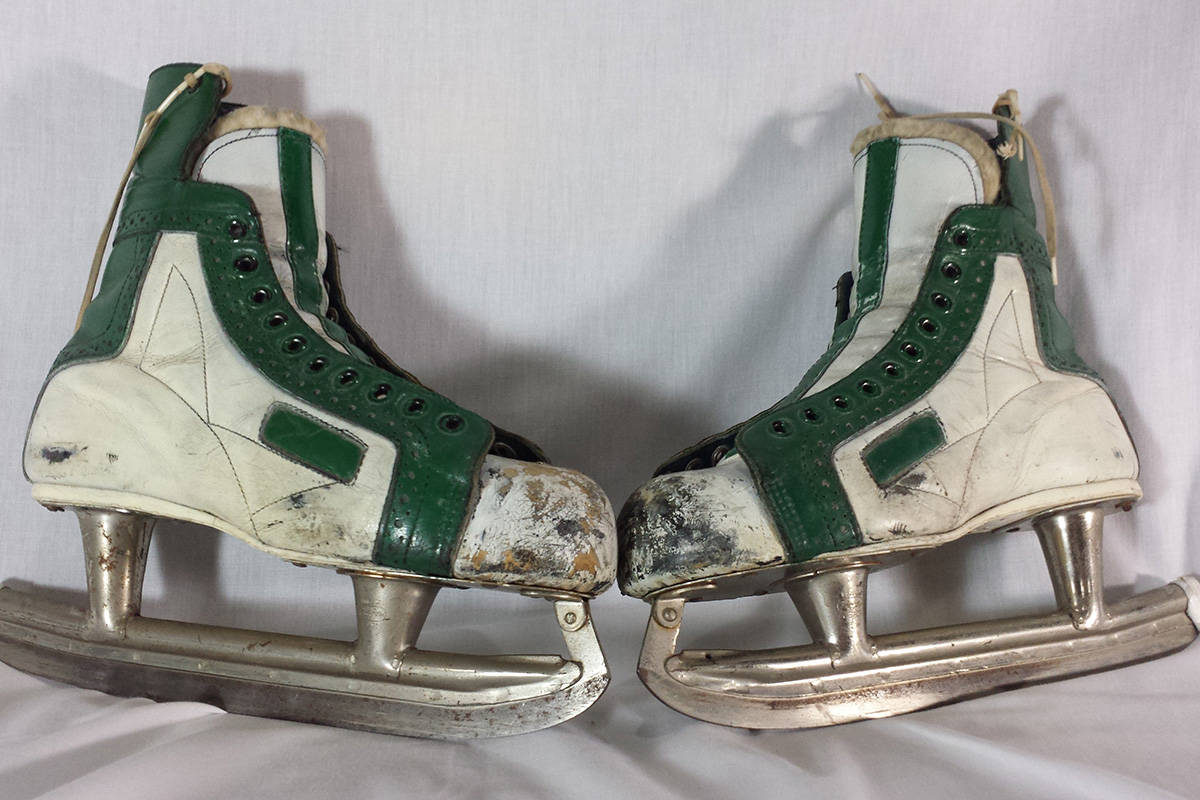 These skates are the second version of the white skates the players wore, these came from the 1973-74 season. The original white skates in the 1971-72 season were created by painting them with latex house paint. Image courtesy Rich Reilley