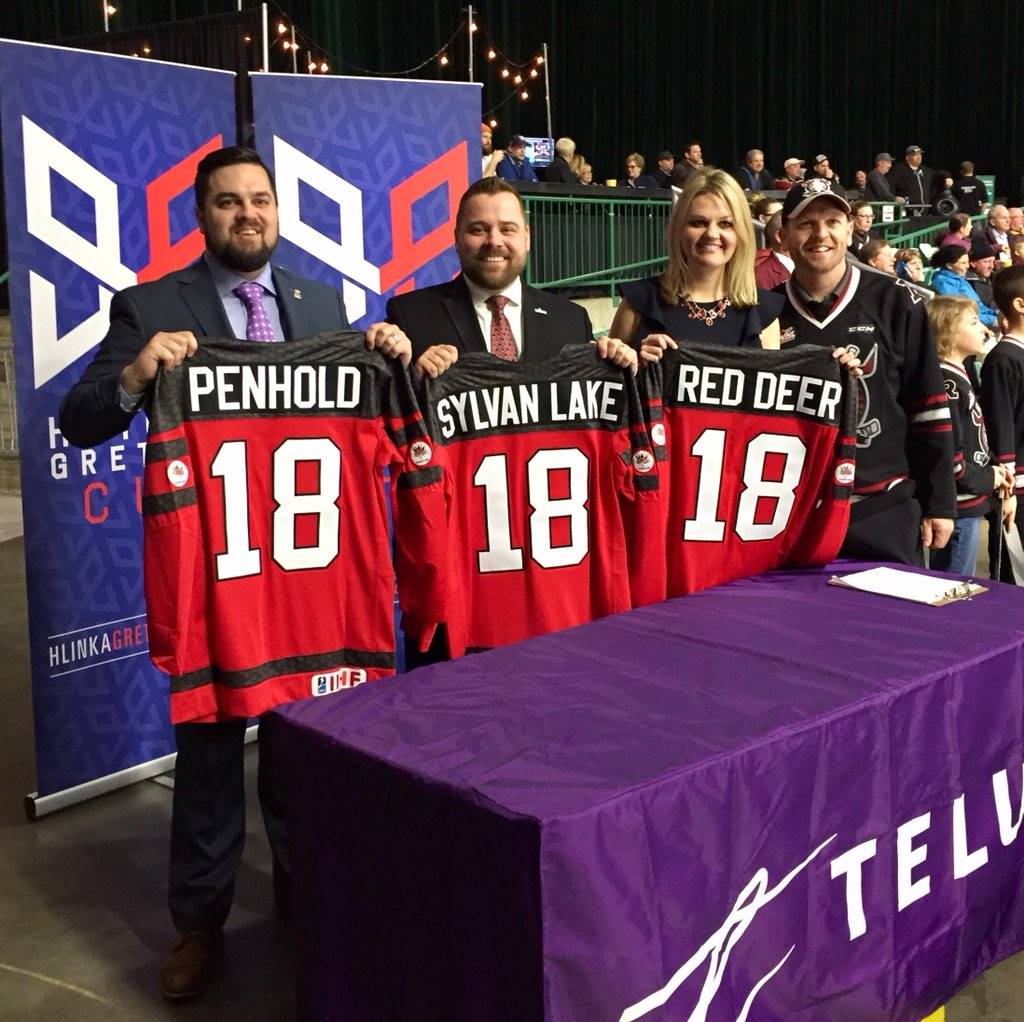 Mayor Sean McIntyre, along with Red Deer Mayor Tara Veer and Penhold Mayor Michael Yargeau proudly show off the jersey with their hometown name printed on the back during the Hlinka Gretzky Cup announcement March 27. Photo from Mayor MacIntyre’s Twitter