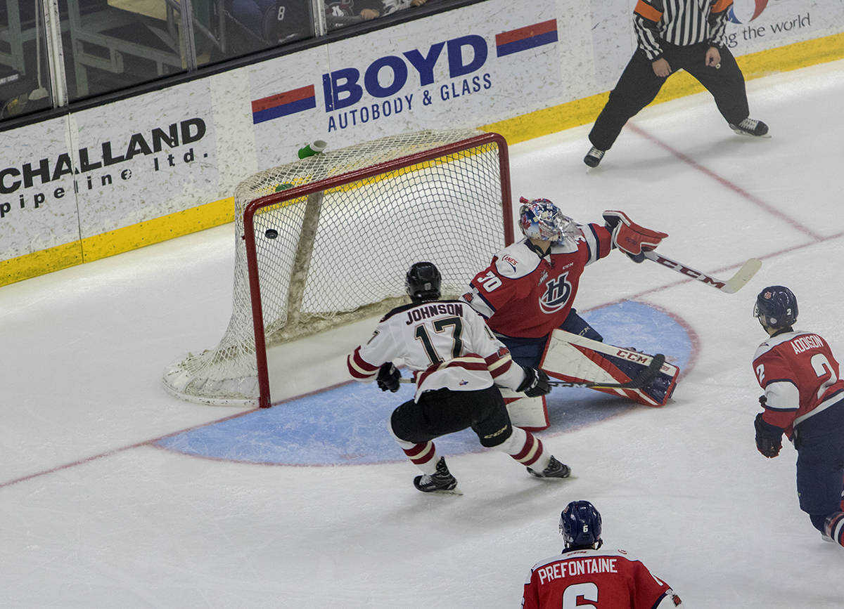 STAYIN’ ALIVE - Reese Johnson would score the first goal in a 5-2 win over the Lethbridge Hurricanes to keep their seven-game series alive. The Rebels, down 3-1, will play Game 5 on Saturday in Lethbridge. Todd Colin Vaughan/Red Deer Express