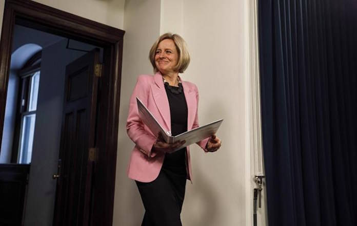 Alberta Premier Rachel Notley speaks to media before the Speech from the Throne, in Edmonton on Thursday, March 8, 2018. Alberta Premier Rachel Notley says she will soon be heading to Toronto and New York to rally support among business leaders for the Trans Mountain pipeline expansion. THE CANADIAN PRESS/Jason Franson