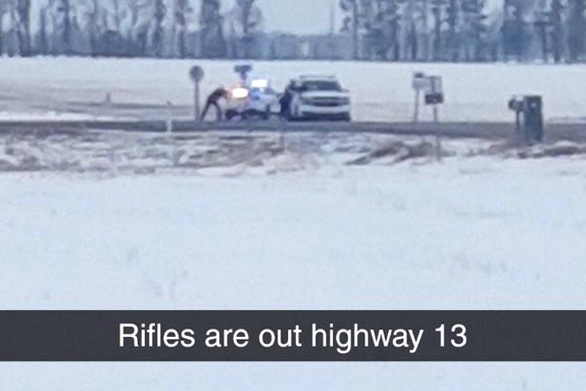 There was a heavy police presence near Wetaskiwin on Highway 13 related to a white Ford F150. Roads were blocked and RCMP were armed and rifles drawn. Police confirm the Ford is the one stolen from Stettler.                                 Photo submitted