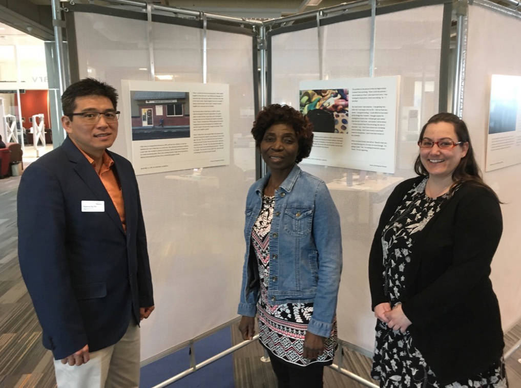 NEW EXHIBIT - From left, Dr. Choon-Lee Chai, RDC sociology instructor and project lead; Tabitha Phiri, research project coordinator at CIAWA and Simone Riep, a social work student and project assistant gather in front of part of the recently unveiled ‘Making a Life in Central Alberta: Voices of Immigrant Women’ exhibit.                                Mark Weber/Red Deer Express
