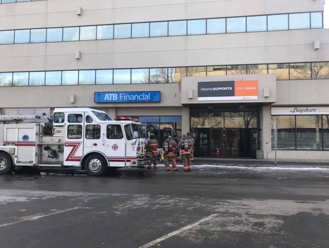 FIRE - Fire crews are downtown Red Deer investigating a fire in the Alberta Treasury Branch building. Five fire trucks are on the scene. Todd Vaughan/Red Deer Express