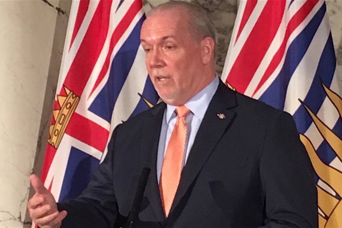 Premier John Horgan speaks to reporters at the B.C. legislature March 13, 2018. (Black Press)