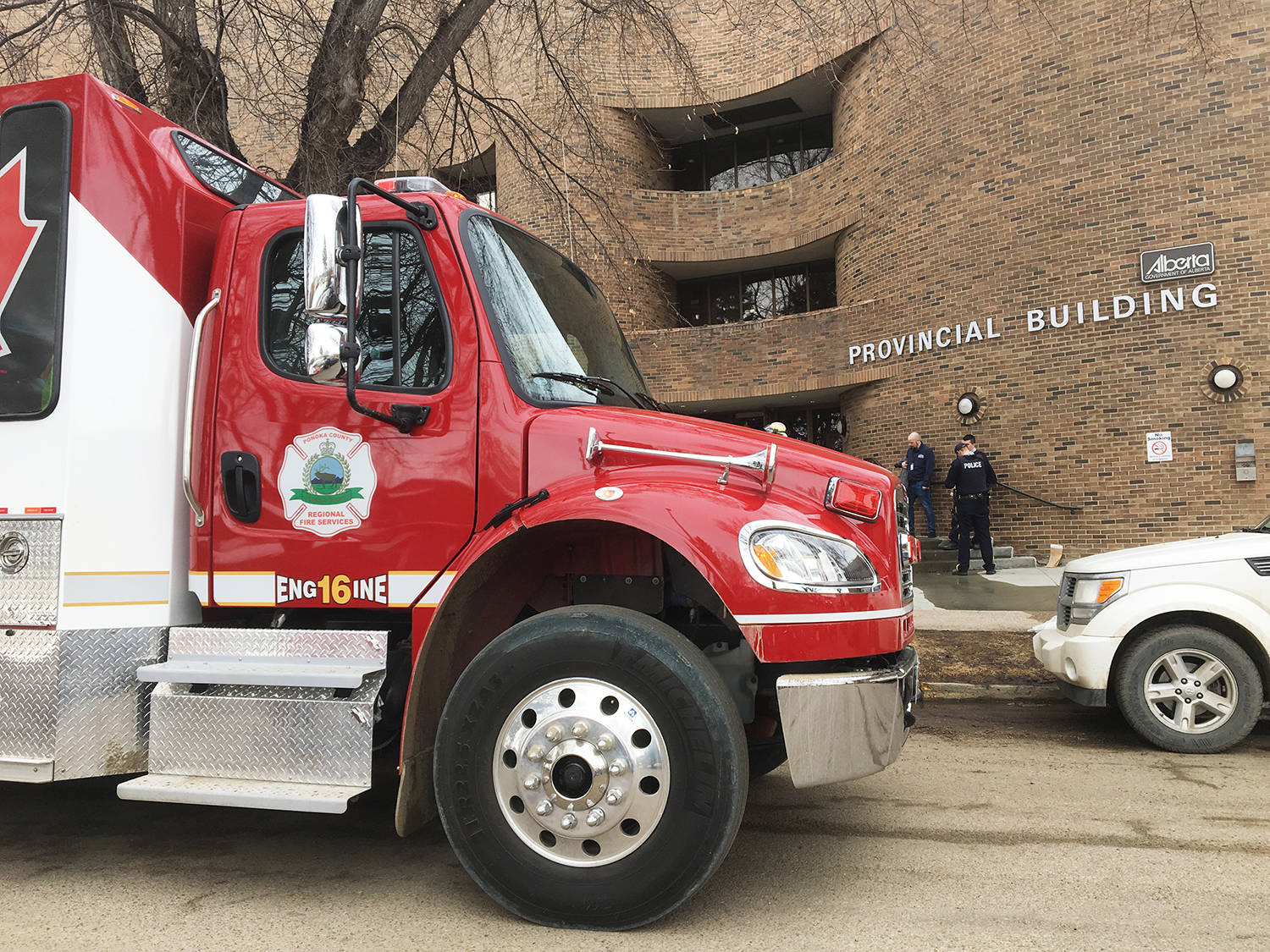 Ponoka RCMP are investigating a small fire that occurred at the Ponoka Provincial Building around lunch time on Wednesday. Members of the Ponoka County East District Fire Department was on scene to inspect and help with clean up. Photo by Jeffrey Heyden-Kaye