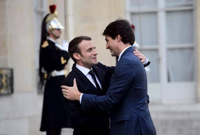 Prime Minister Justin Trudeau meets with French President Emmanuel Macron at the Palais de l’Elysee in Paris, France on Monday, April 16, 2018. THE CANADIAN PRESS/Sean Kilpatrick