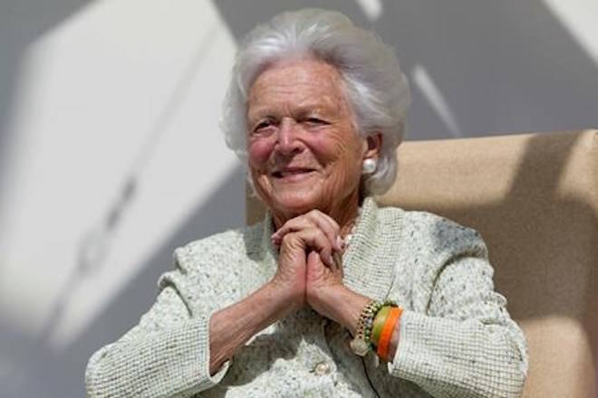 FILE - In a Thursday, Aug. 22, 2013, file photo, former first lady Barbara Bush listens to a patient’s question during a visit to the Barbara Bush Children’s Hospital at Maine Medical Center in Portland, Maine. (AP Photo/Robert F. Bukaty, File)