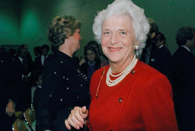 In this Oct. 11, 1984, file photo, Barbara Bush, wife of then-U.S. Vice-President George Bush, is photographed at the debate between Bush and Democrat Geraldine Ferraro. A family spokesman said Tuesday, April 17, 2018, that former first lady Barbara Bush has died at the age of 92. (AP Photo/File)