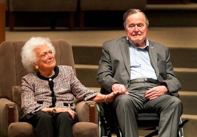 FILE - In this March 8, 2017, file photo, the Mensch International Foundation presented its annual Mensch Award to former U.S. President George H.W. Bush and former first lady Barbara Bush at an awards ceremony hosted by Congregation Beth Israel in Houston. ( Steve Gonzales/Houston Chronicle via AP, File)