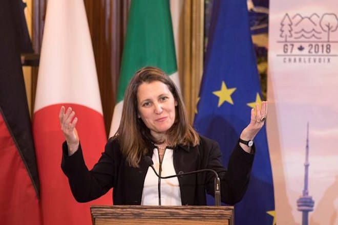 Canadian Minister of Foreign Affairs Chrystia Freeland makes opening remarks at a G7 Outreach session with non-G7 Women Foreign Ministers, in Toronto on Sunday, April 22, 2018.THE CANADIAN PRESS/Chris Young