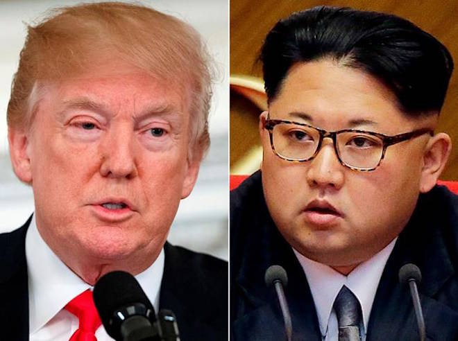FILE - This combination of two file photos shows U.S. President Donald Trump, left, speaking in the State Dining Room of the White House, in Washington on Feb. 26, 2018, and North Korean leader Kim Jong Un attending in the party congress in Pyongyang, North Korea on May 9, 2016. (AP Photo/Evan Vucci, Wong Maye-E, File)