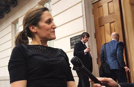 Minister of Foreign Affairs, Chrystia Freeland, speaks with media in Washington, D.C. on Tuesday, April 24, 2018. New Buy North American rules for steel in auto parts would be central to a new NAFTA deal. Foreign Affairs Minister Chrystia Freeland is in Washington for the second time in days and says good progress is being made, but she won‚Äôt comment on the timing of a deal. (Alex Panetta/The Canadian Press)