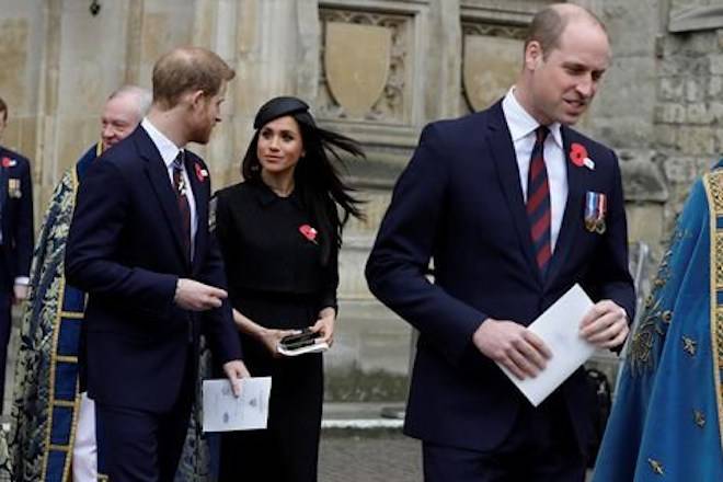 Britain’s Prince William, right, Prince Harry and Meghan Markle leave after attending a Service of Thanksgiving and Commemoration on ANZAC Day at Westminster Abbey in London, Wednesday, April 25, 2018. (AP Photo/Kirsty Wigglesworth, pool)