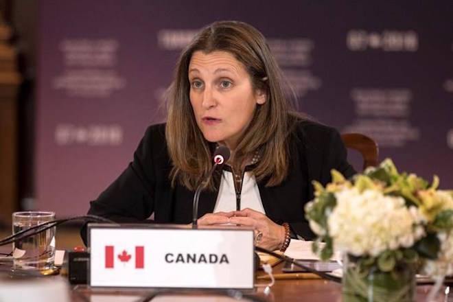 Canadian Minister of Foreign Affairs Chrystia Freeland (centre) chairs a meeting of her counterparts from France, United States, United Kingdom, Germany, Japan, Italy and the European Union during a Foreign Ministers’ Working session discussing the Middle East, in Toronto on Sunday, April 22, 2018.THE CANADIAN PRESS/Chris Young