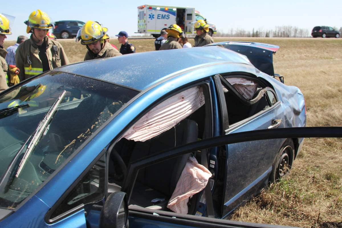 The four occupants of this vehicle are believed to have suffered relatively minor injuries after this vehicle rolled Saturday afternoon. The incident occurred on Highway 2 south of Ponoka just before 1 p.m. About an hour later another vehicle rolled in the same area due to the traffic slowing down.                                Photo submitted