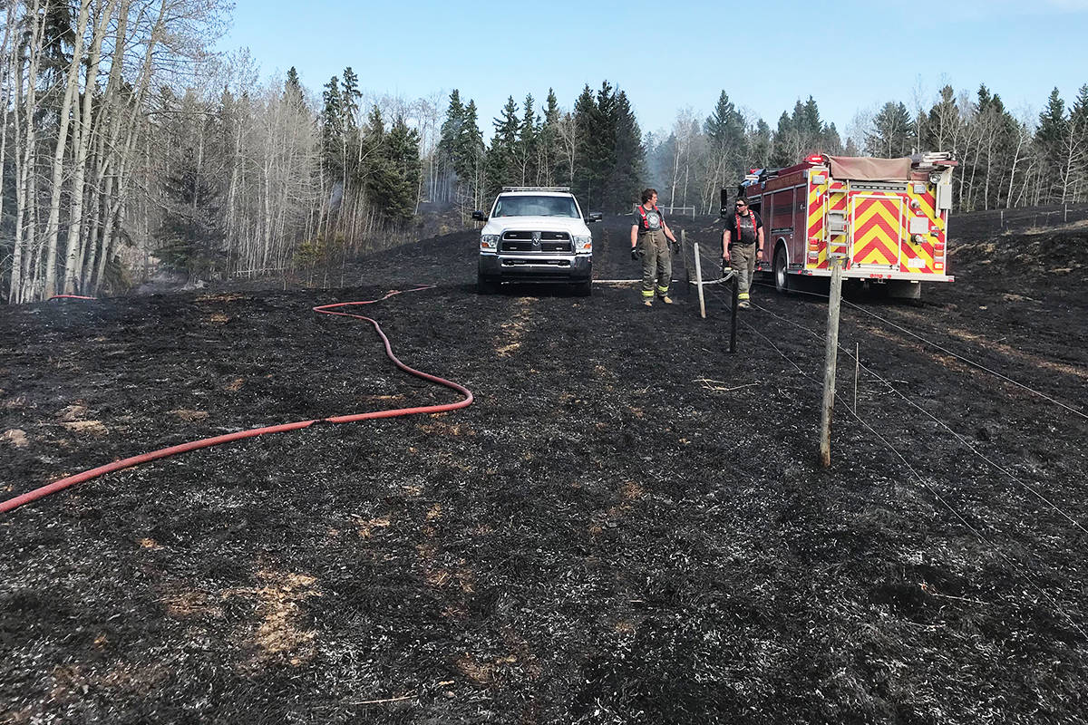 Members of the Ponoka County West District Fire Department handled a few grass fires Saturday afternoon. The warm weather and heavy winds recently helped create ideal grass fire conditions.                                Photos courtesy of the Ponoka County West District Fire Department