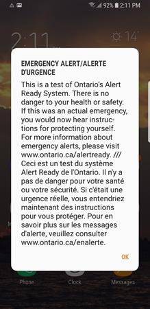 A text message from Telus is seen on a smart phone in Toronto on Friday, May 4, 2018. Mobile devices across Canada will be buzzing a little more than usual this week as emergency management officials test the new nationwide public alerting system. THE CANADIAN PRESS/Graeme Roy