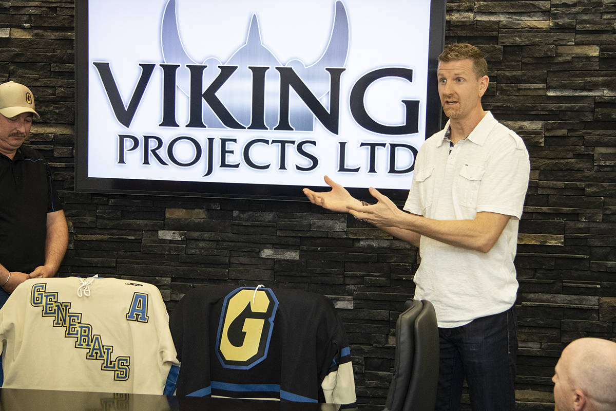 ALLAN CUP - Former Lacombe Mayor and 2019 Allan Cup Committee Chair Steve Christie and Lacombe Generals General Manager Jeff McInnis announced Viking Projects Ltd. as the title sponsor for the 2019 Allan Cup.                                Todd Colin Vaughan/Lacombe Express