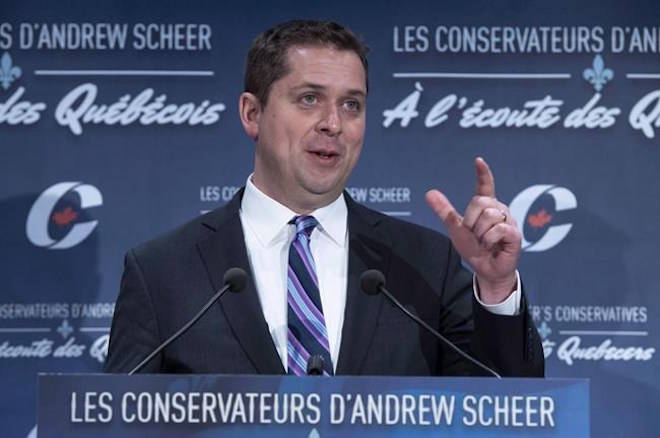 Conservative Leader Andrew Scheer responds to a question during a news conference in Montreal on April 19, 2018. The parliamentary budget office released a report this morning saying Bill C-394, which would bring in a tax credit for those on parental leave, would result in foregone revenues of $607.6 million in 2018-19. PAUL CHIASSON / THE CANADIAN PRESS