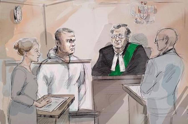 Duty counsel Georgia Koulis, left to right, Alek Minassian, Justice of the Peace Stephen Waisberg, and Crown prosecutor Joe Callaghan are shown in court in Toronto on April 24, 2018 in this courtroom sketch. Police have said eight women and two men died after Alek Minassian, 25, of Richmond Hill, Ont., allegedly drove a rental van down a busy sidewalk on April 23. THE CANADIAN PRESS/Alexandra Newbould