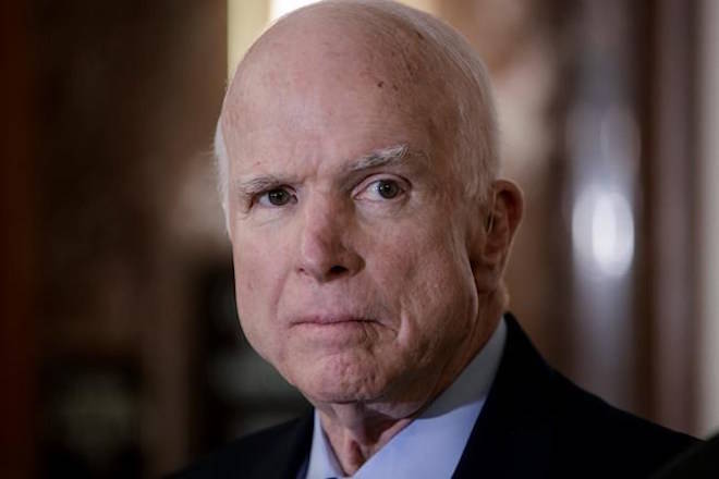 FILE - In this Oct. 25, 2017 file photo, Senate Armed Services Chairman John McCain, R-Ariz., pauses before speaking to reporters during a meeting of the National Defense Authorization Act conferees, on Capitol Hill in Washington. A White House official dismissed a view expressed by Sen. McCain about President Donald Trump’s CIA nominee, saying Thursday, May 10, 2018, at a staff meeting that “it doesn’t matter” because “he’s dying anyway,” two people in the room told The Associated Press. Kelly Sadler was discussing McCain’s opposition to Trump’s pick for CIA director, Gina Haspel, when she made the comment. (AP Photo/J. Scott Applewhite, File)