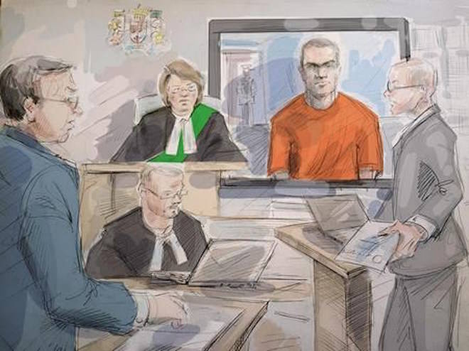 Defence lawyer Boris Bytensky, left to right, Justice Ruby Wong, Alek Minassian and Crown prosecutor Joe Callaghan are shown in court as Minassian appears by video in Toronto on Thursday, May 10, 2018 in this courtroom sketch. Three new charges of attempted murder were laid Thursday against the man accused in a deadly van attack that took place in north Toronto last month. THE CANADIAN PRESS/Alexandra Newbould