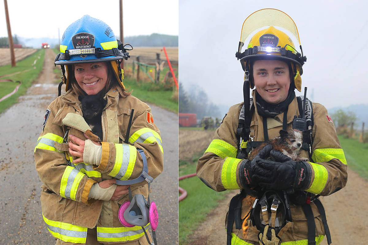 Puppy rescue: These two photos show members of the Bentley District Fire Department holding puppies that were rescued from a structure fire in Lacombe. The department assisted the Lacombe Fire Department in the mutual aid call and several dogs were rescued. Photo courtesy of Kathi Issler, Bentley District Fire Department