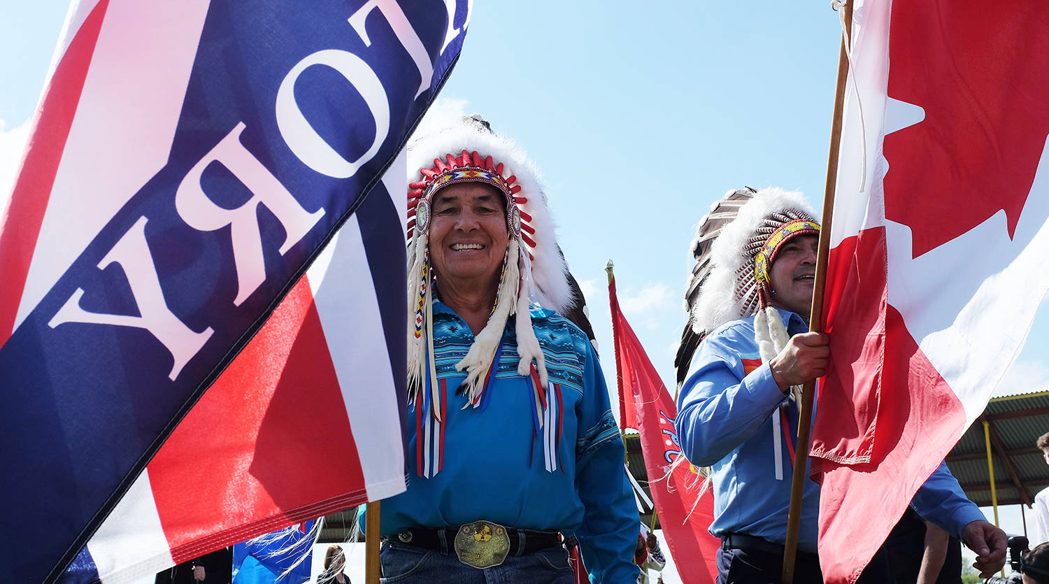 Treaty 6 Grand Chief Wilton Littlechild along with Assembly of First Nations National Chief Perry Bellegarde take part in the MESC signing Friday afternoon. Photo by Jeffrey Heyden-Kaye